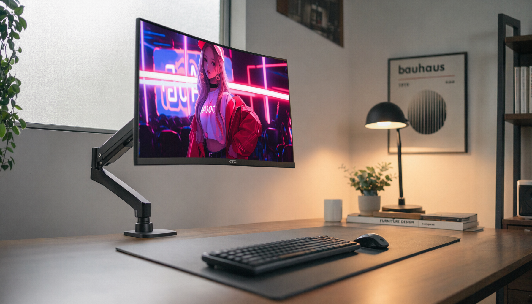 Monitor mounted on a desk arm in a clean modern home office setup