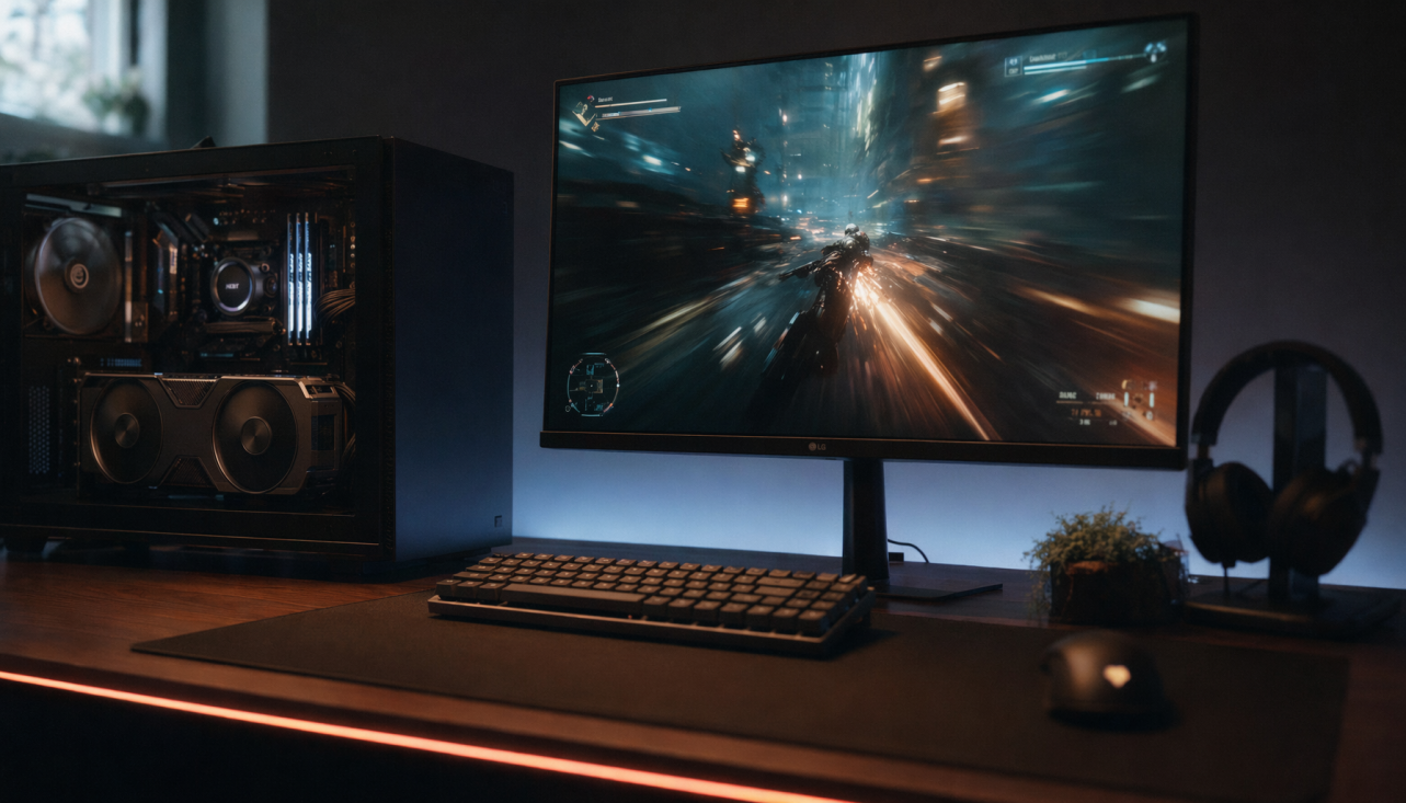 Older gaming PC with mid-generation GPU connected to a modern 1080p high-refresh gaming monitor on a dark gaming desk