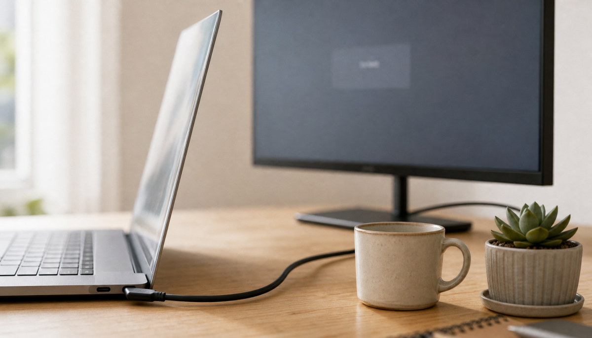 Older laptop connected to a USB-C monitor showing no signal on a home office desk