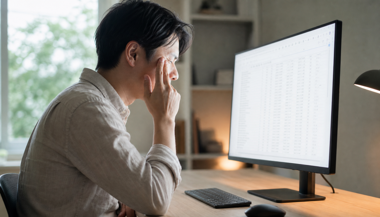 Person at a home office desk touching their eye in discomfort while looking at a bright monitor during a long work session