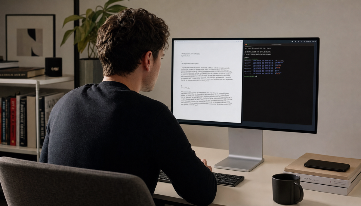 Person at a home office desk viewing a monitor side by side with a bright document and dark app window in controlled lighting