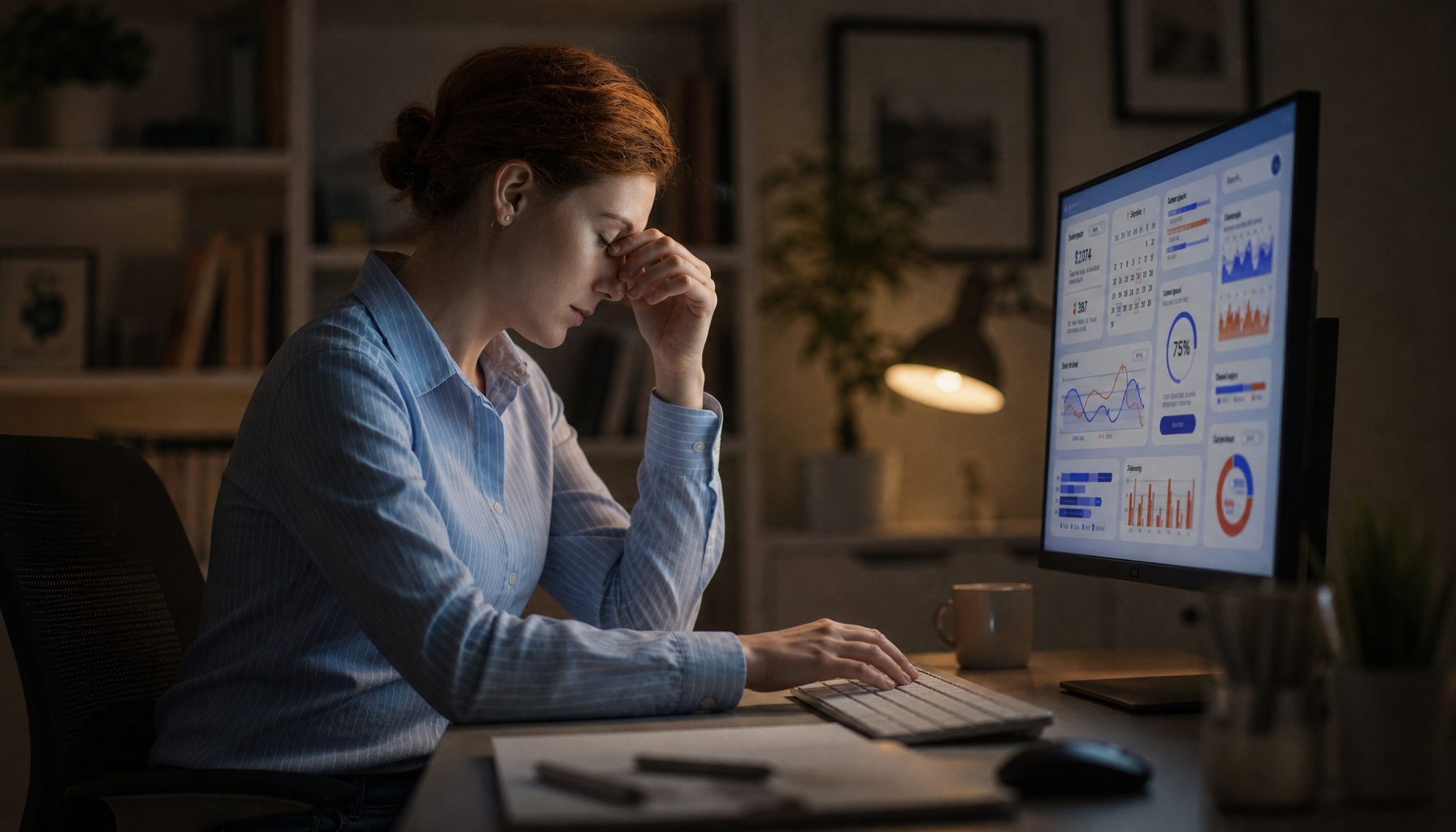 Person experiencing eye discomfort from monitor flicker while working at a dim home office desk
