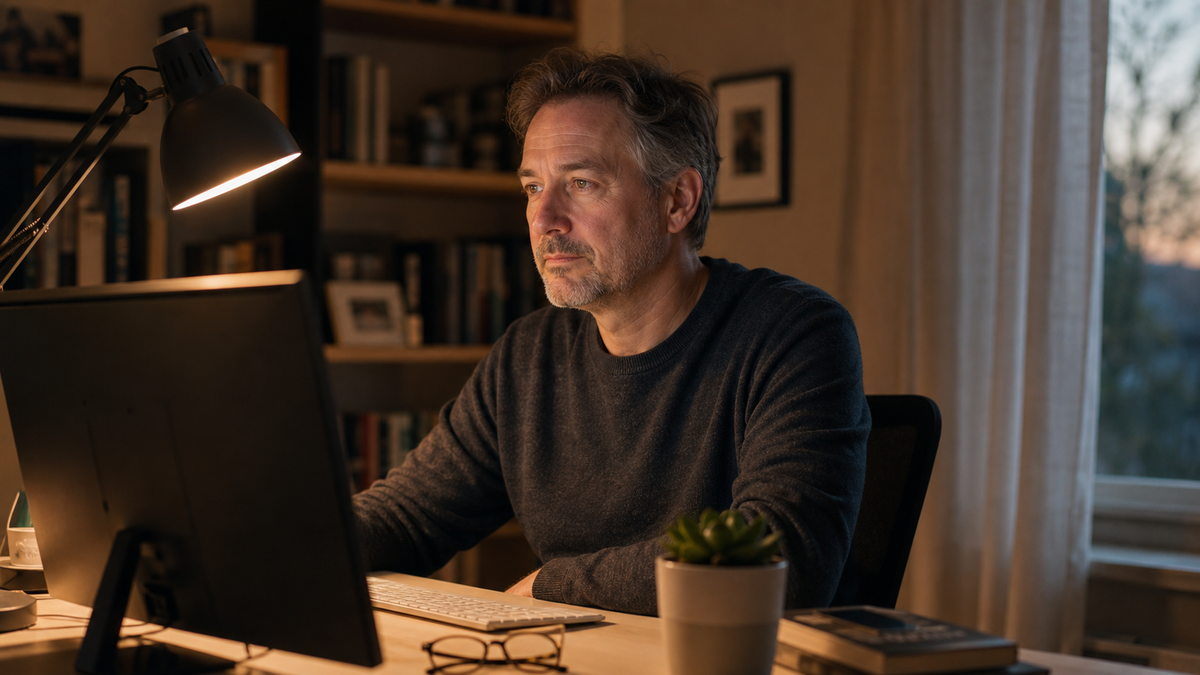 Person in their 50s at a home office desk in the evening, viewing a monitor set to a warm color profile to reduce blue light exposure