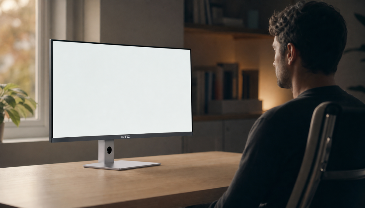Person looking at a flicker-free monitor at a clean desk setup in a softly lit room
