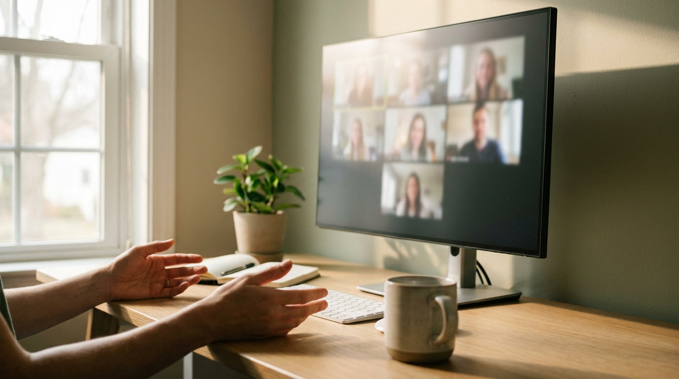 Person pausing between back-to-back video calls at a tidy home office desk with a monitor showing a blurred meeting grid