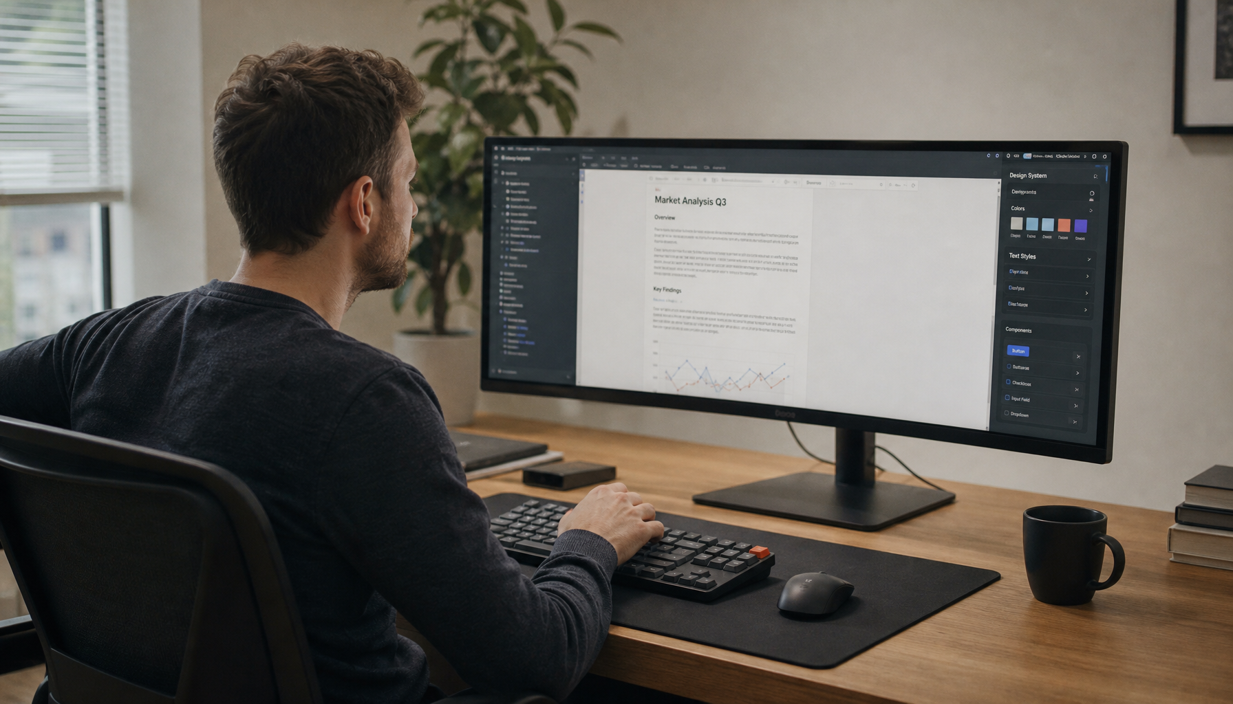 Person seated at a 34-inch ultrawide monitor with head turned to view a UI panel at the far edge of the wide display