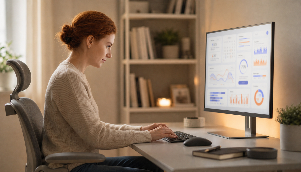 Person sitting at a desk with a monitor positioned at eye level to reduce dry eyes and neck strain