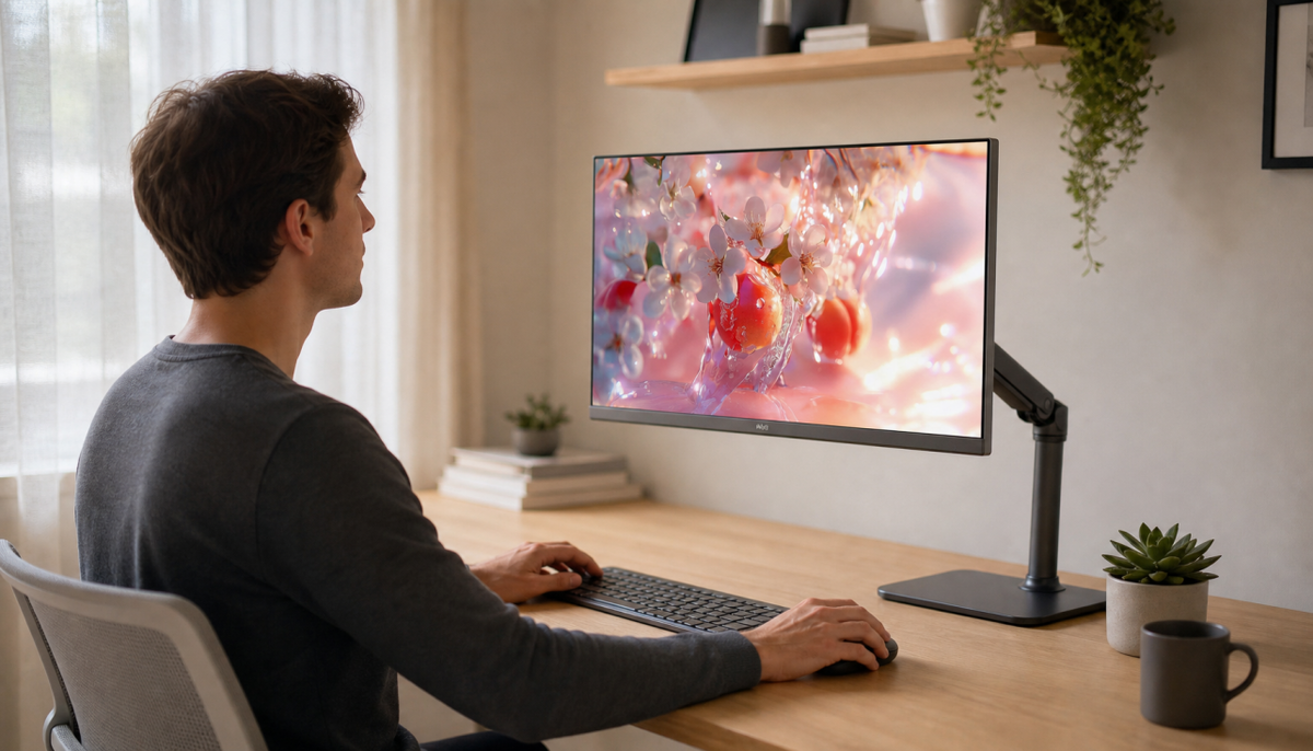 Person sitting at a properly set up ergonomic workstation with monitor at eye level and wrists in neutral position