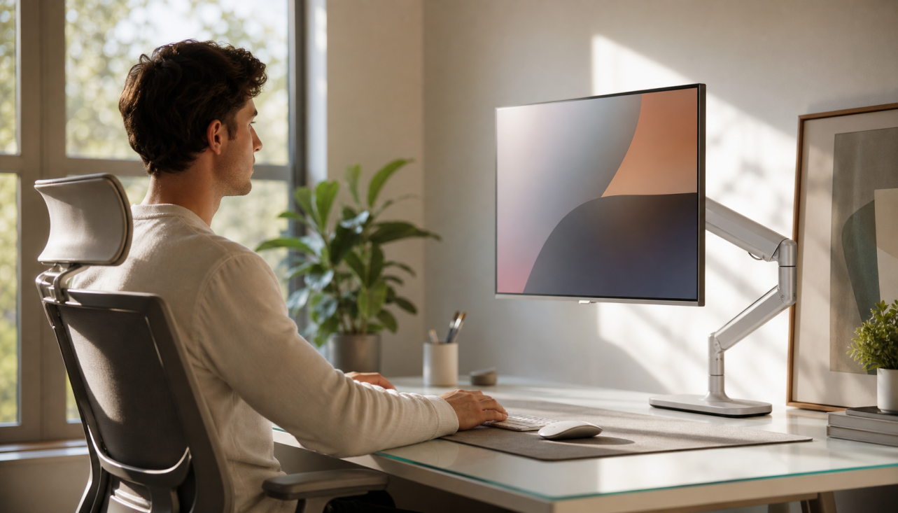 Person sitting at ergonomic desk with monitor arm positioning the screen at eye level for comfortable neck posture