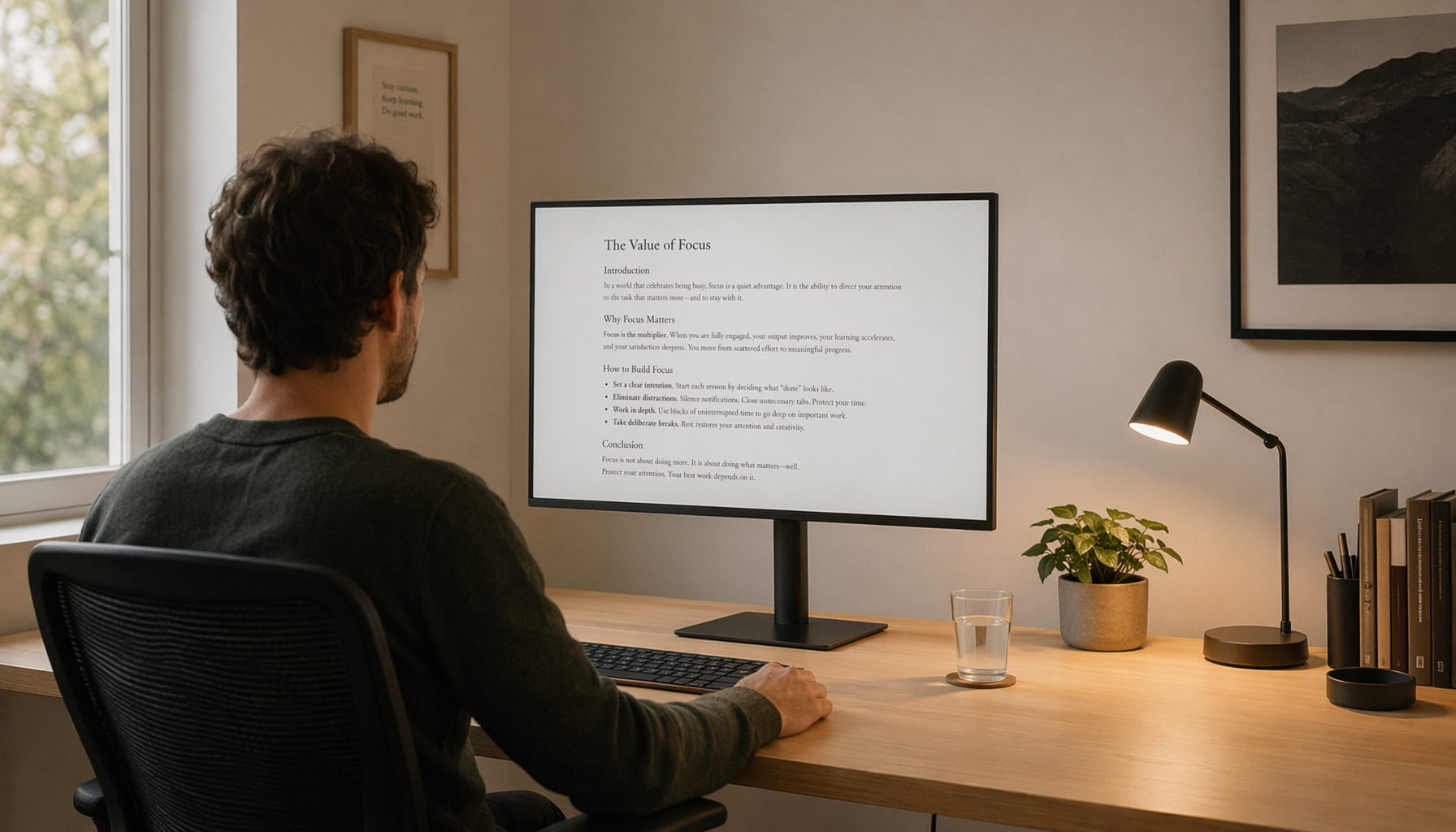 Person sitting comfortably at a home desk with a large monitor positioned at proper viewing distance, with relaxed posture and balanced room lighting to prevent eye strain