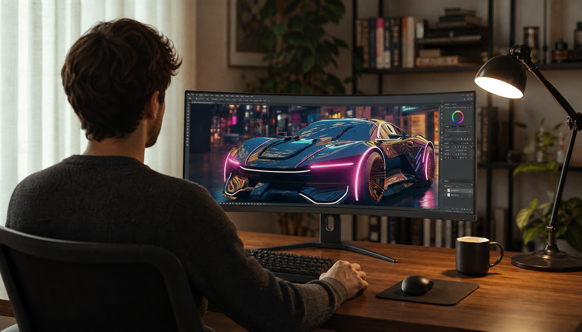 Person sitting with neutral posture at a curved ultrawide monitor positioned at arm’s length on a walnut desk