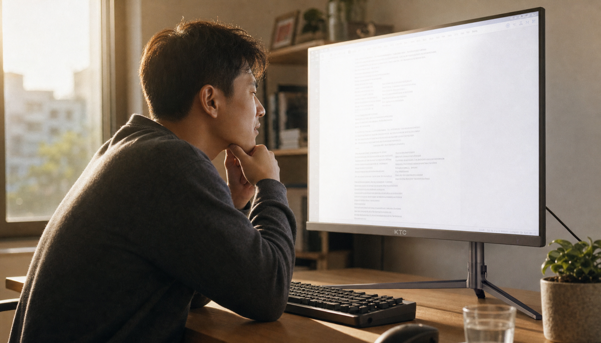 Person squinting at a bright monitor in a home office despite the brightness appearing normal
