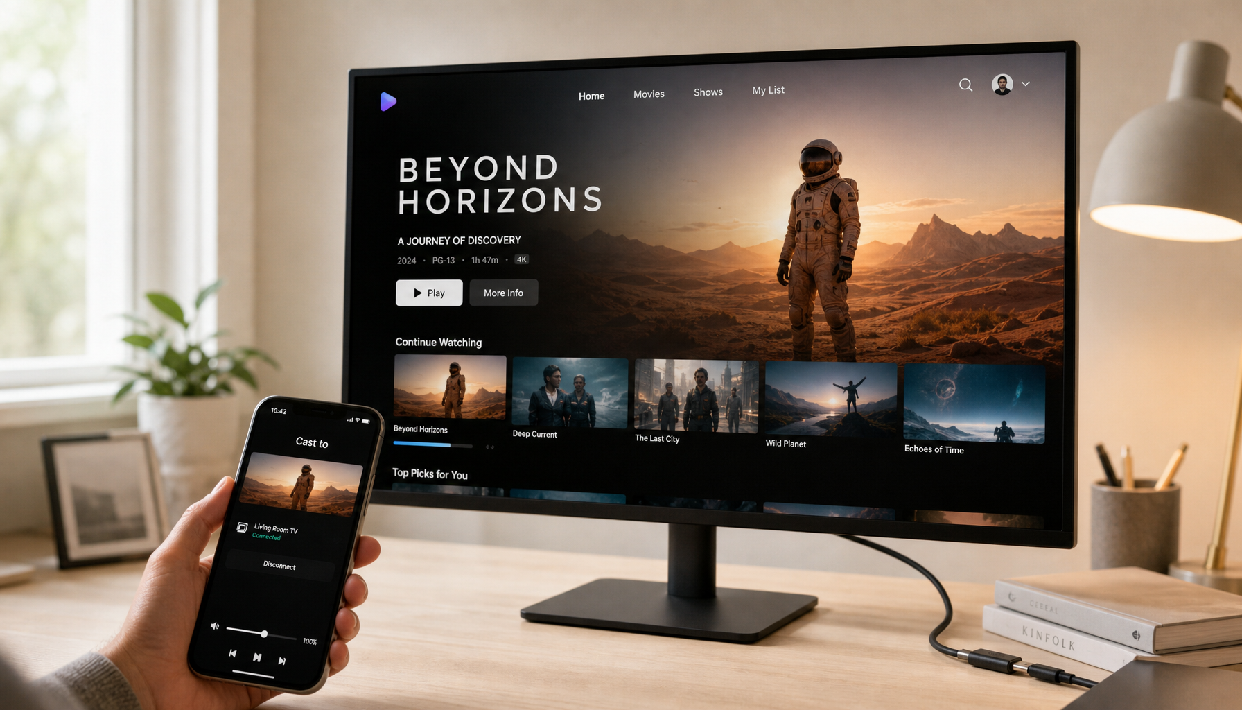 Person using a smartphone to control streaming apps on a smart monitor from across a home office desk