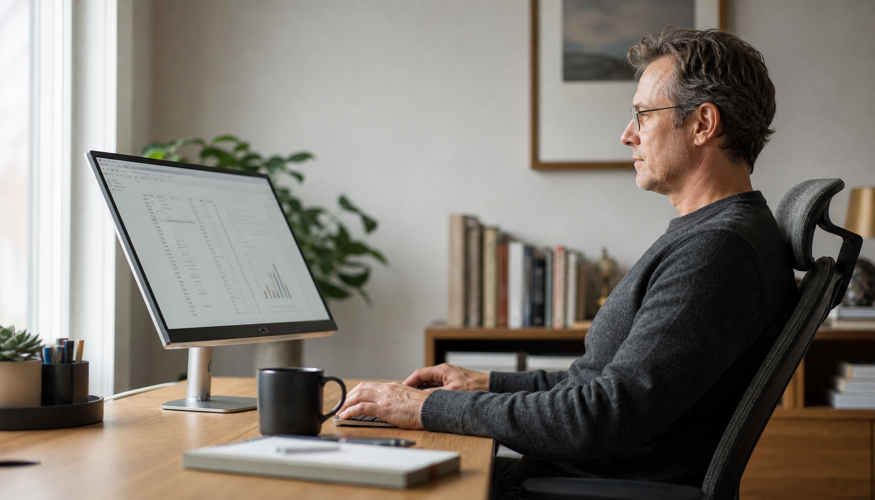 Person wearing progressive glasses sitting in neutral posture at a desk with a monitor tilted backward and positioned low
