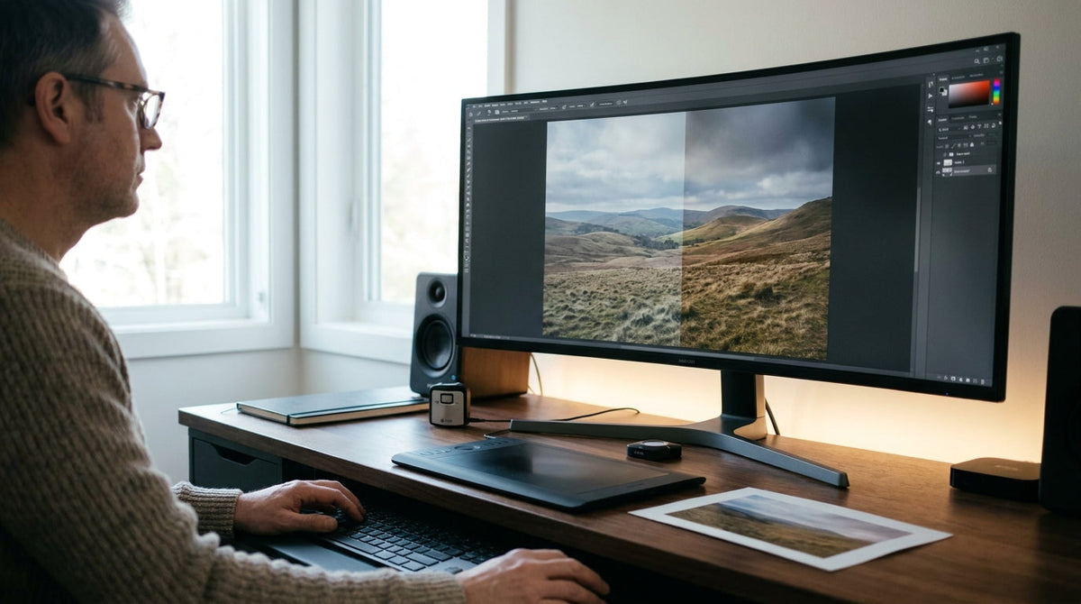 Photo editor working at a monitor with visible color uniformity issues affecting image editing accuracy