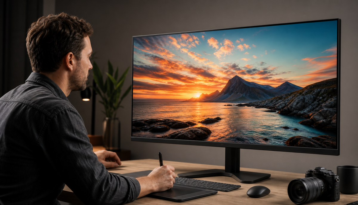 Photographer editing photos on a wide-gamut monitor with accurate color display