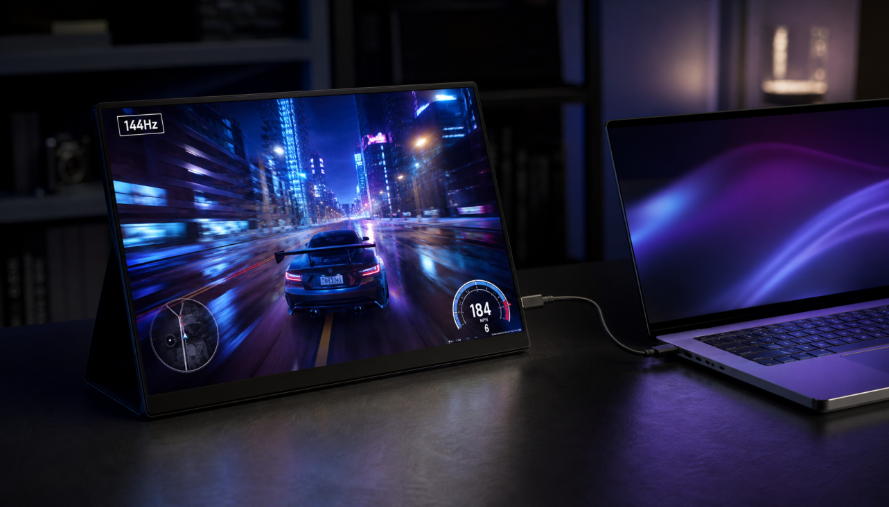 Portable gaming monitor connected to a laptop via USB-C, displaying a racing game at 144Hz in a dim room