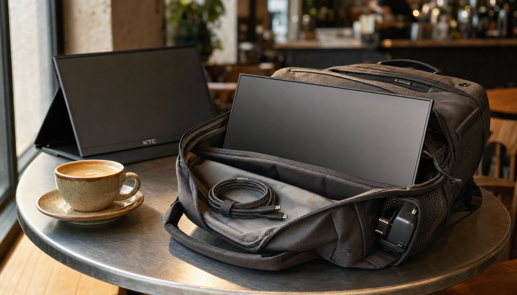 Portable monitor and organized cable kit in a travel bag on a café table, ready for daily pack-and-unpack setup