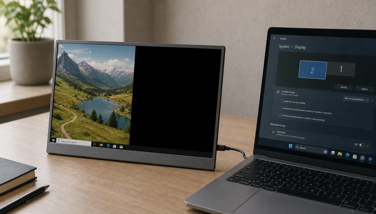 Portable monitor connected via USB-C to a laptop showing only half the screen, demonstrating a common display signal issue