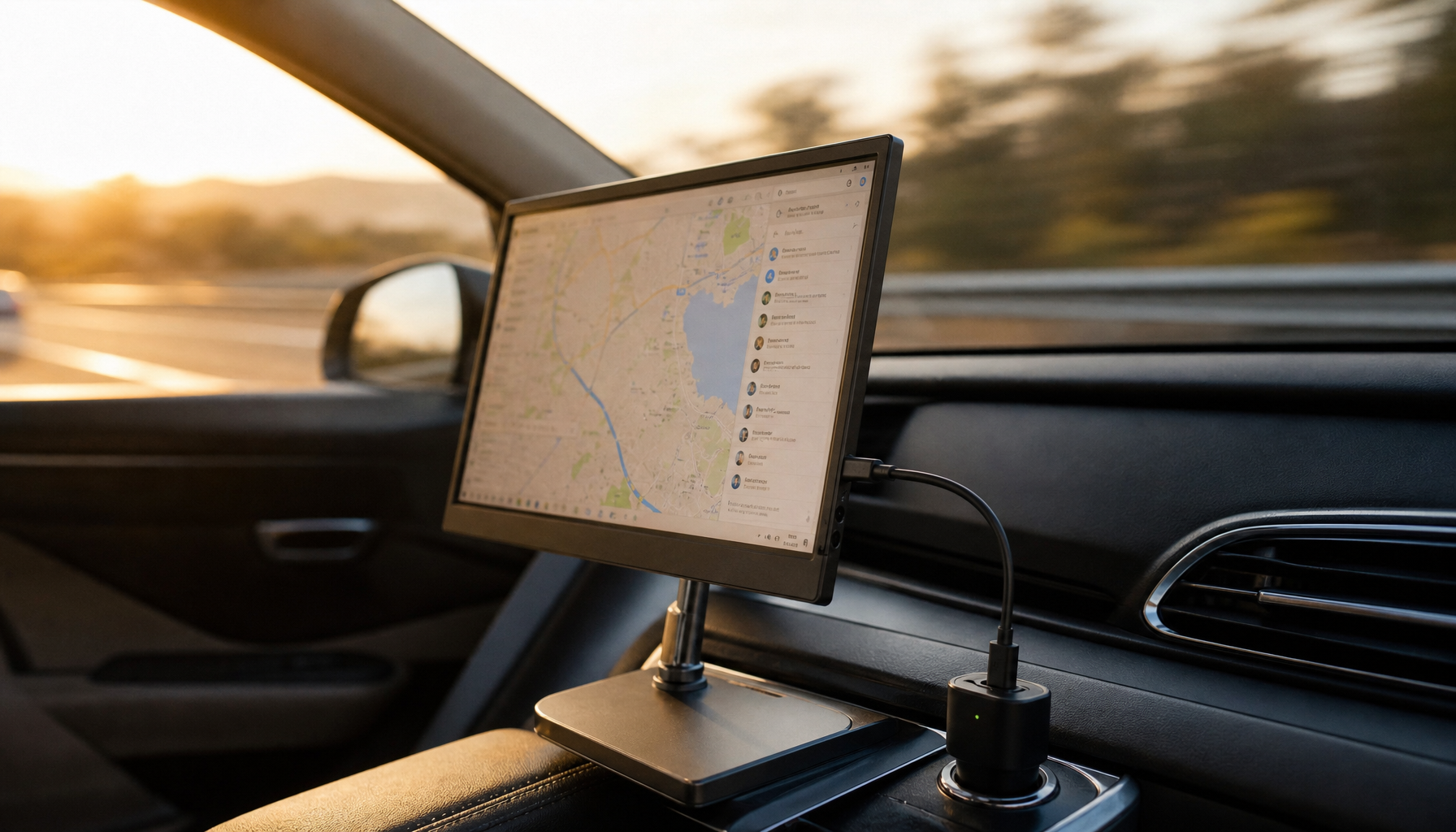 Portable monitor powered by a USB-C car charger during a road trip, connected to a laptop on the center console