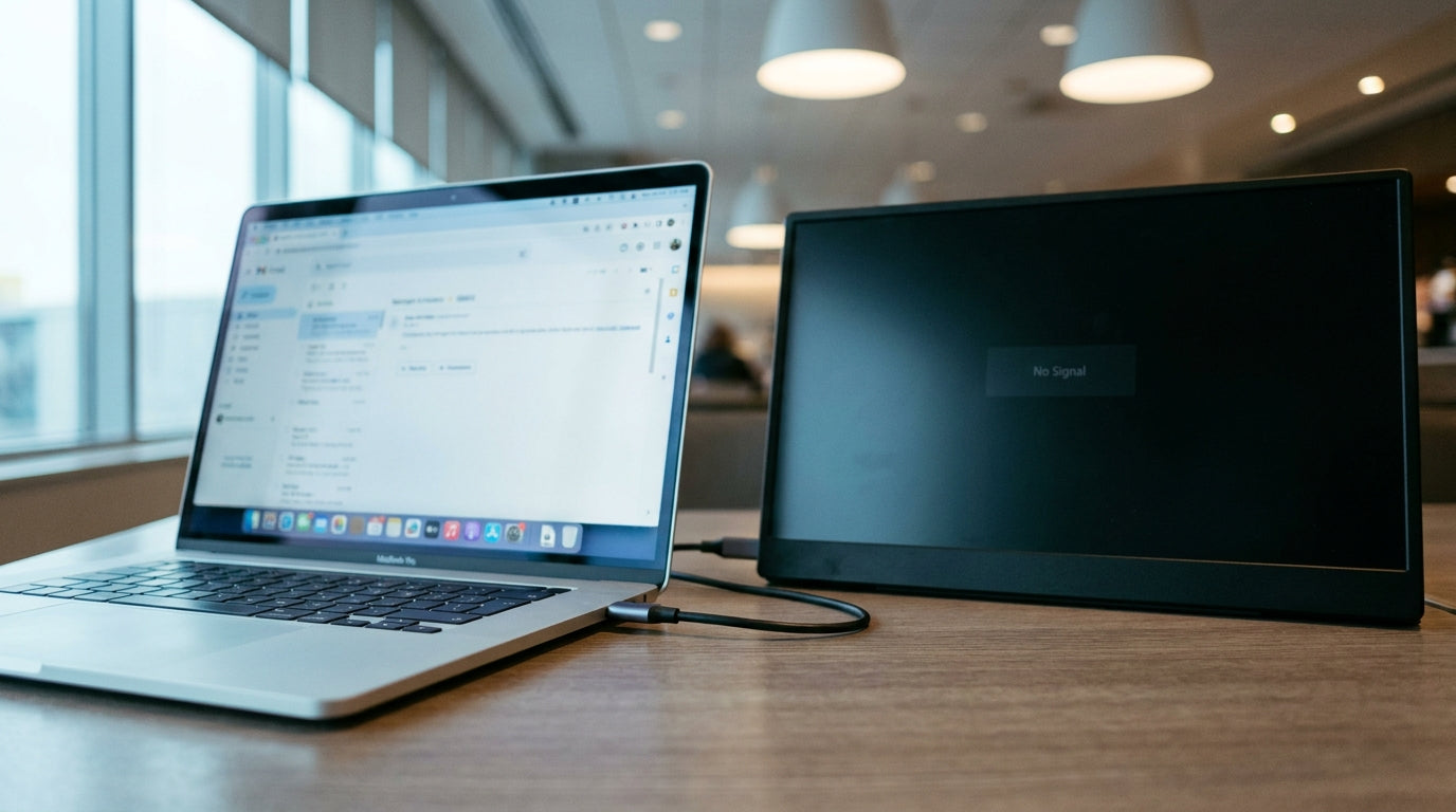 Portable monitor showing no signal while connected via USB-C to a laptop, illustrating a common wake-from-sleep failure