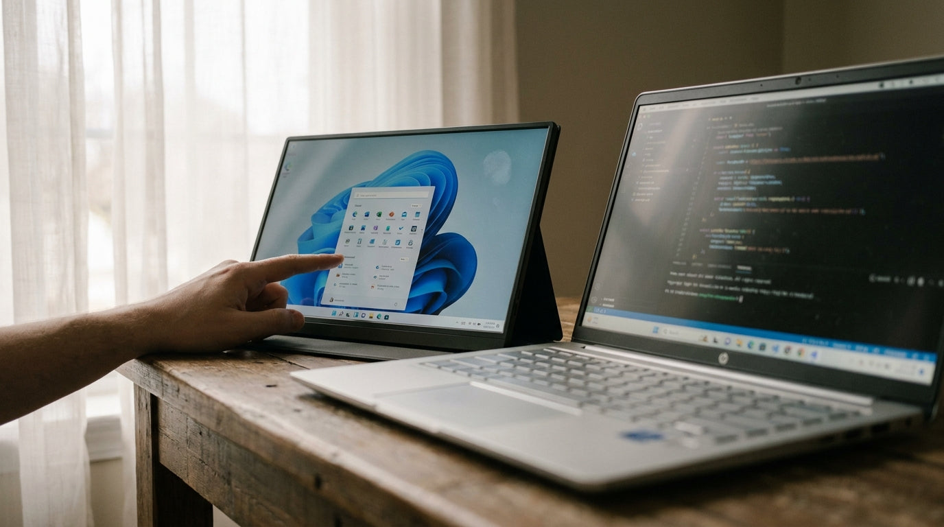 Portable touchscreen monitor connected to a laptop showing Windows desktop with finger touching the display