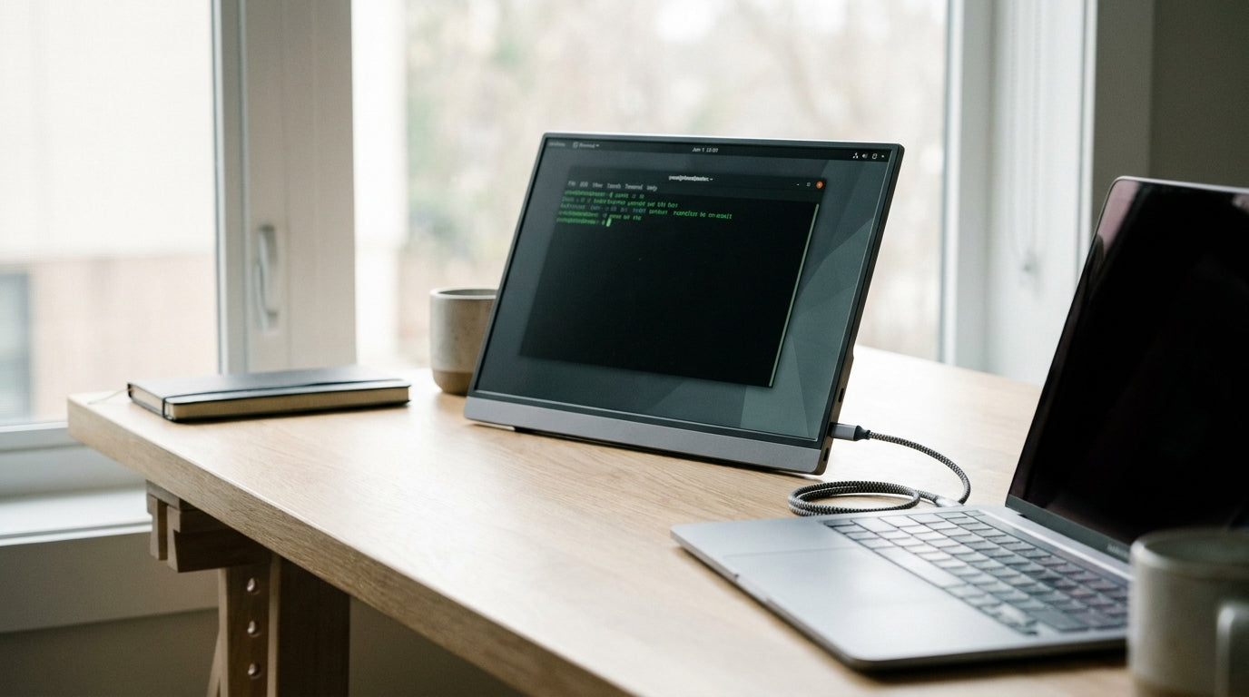 Portable touchscreen monitor connected to a laptop via USB-C showing a Linux terminal
