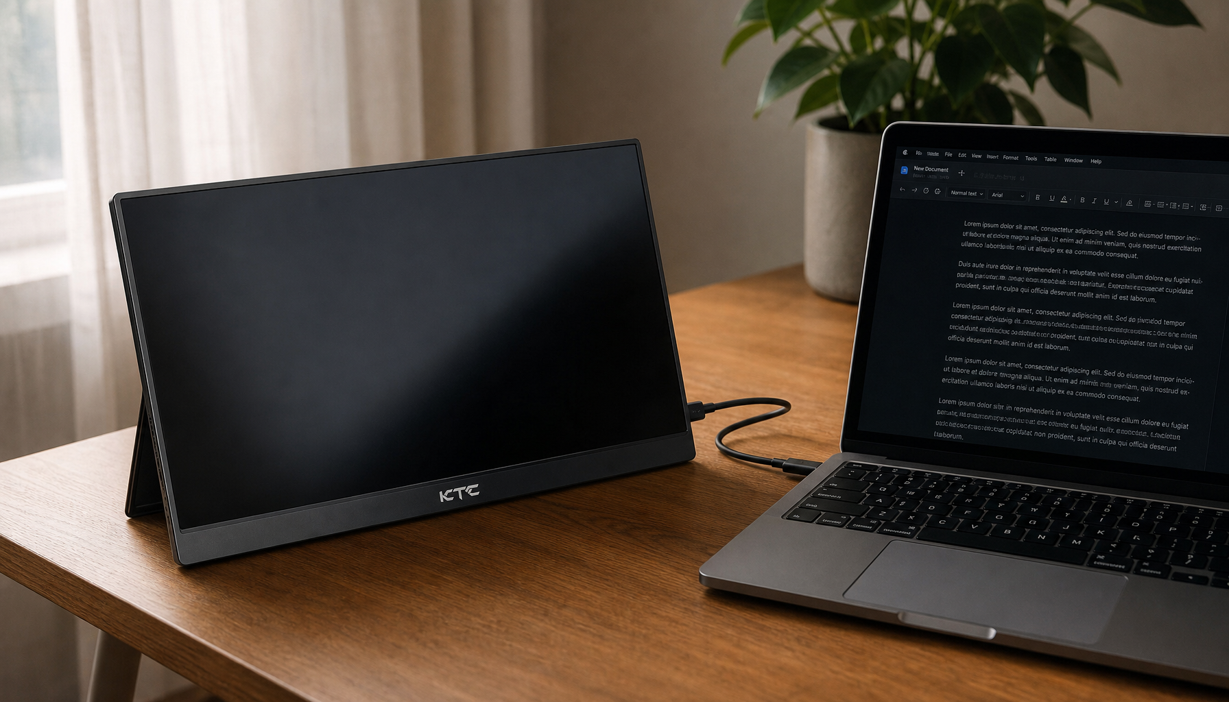 Portable touchscreen monitor connected to laptop via USB-C showing unresponsive touch screen