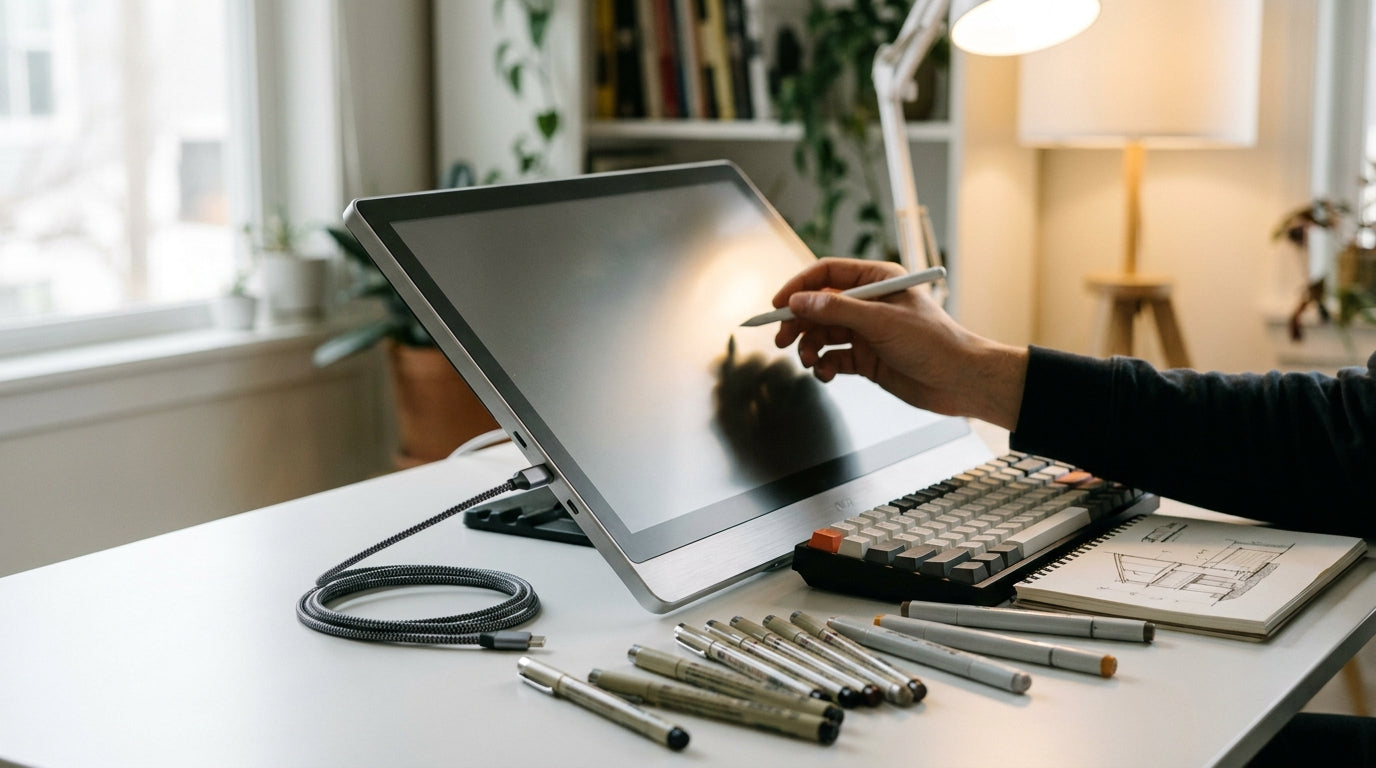 Portable touchscreen monitor set up as a drawing tablet on a home studio desk with stylus and sketchbook