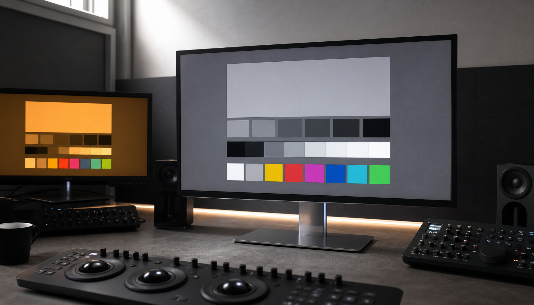 Professional color-grading workstation with a neutral calibrated monitor next to a warm amber night-mode display showing the difference in white point accuracy