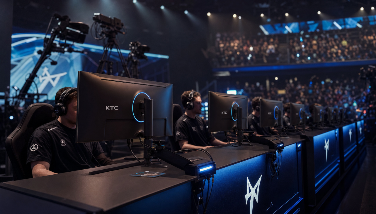 Professional esports tournament main stage with rows of gaming monitors lit by arena lighting during a live competition