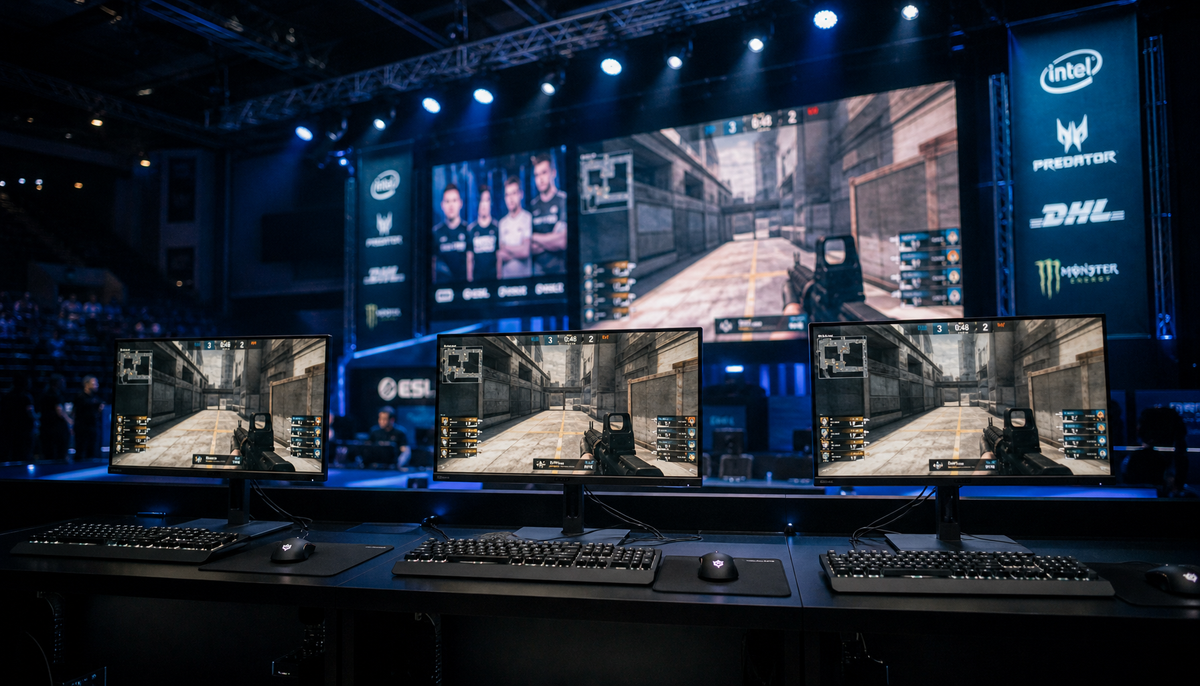 Professional esports tournament stage with a row of identical 24-inch gaming monitors on tournament desks under arena lighting