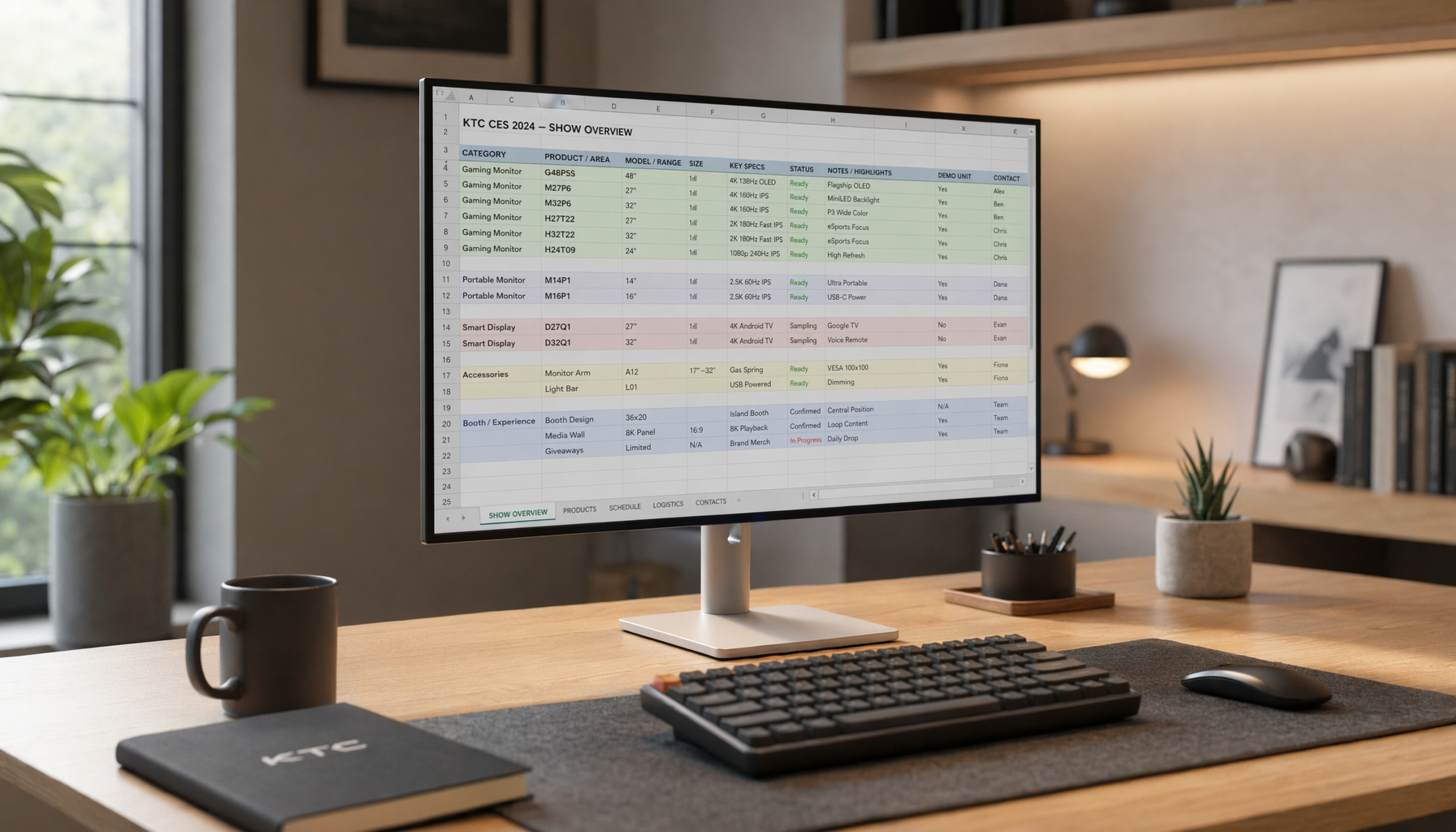 Professional home office desk with a monitor displaying a spreadsheet, representing how aspect ratio affects data analysis workflows
