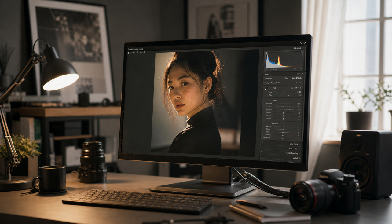 Professional monitor setup on a content creator’s desk showing color-graded editing work under soft studio lighting