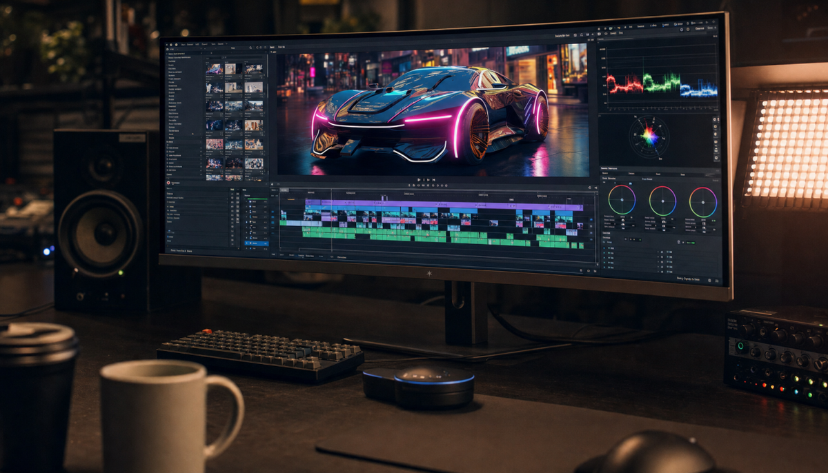 Professional video editing workstation with widescreen monitor showing a multi-track timeline and color scopes