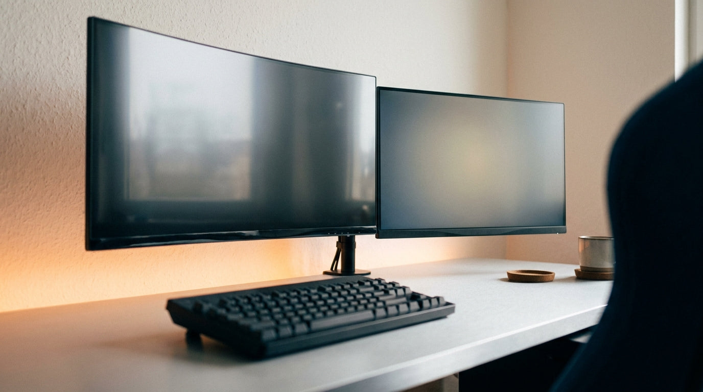 Side-by-side comparison of a glossy and matte gaming monitor on a desk, showing how each screen finish handles ambient window light differently