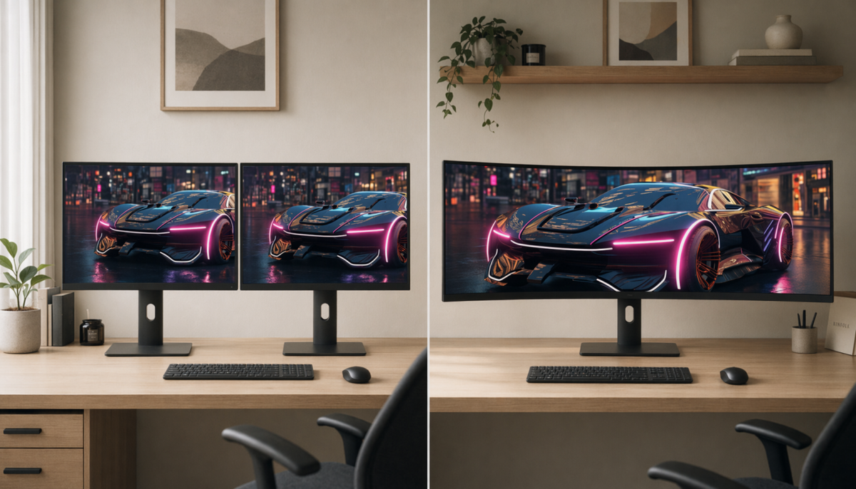 Side-by-side comparison of dual flat monitors versus a curved ultrawide on a symmetrical desk setup