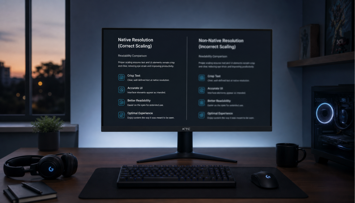 Side-by-side comparison of sharp native resolution versus blurry scaled display on a gaming monitor