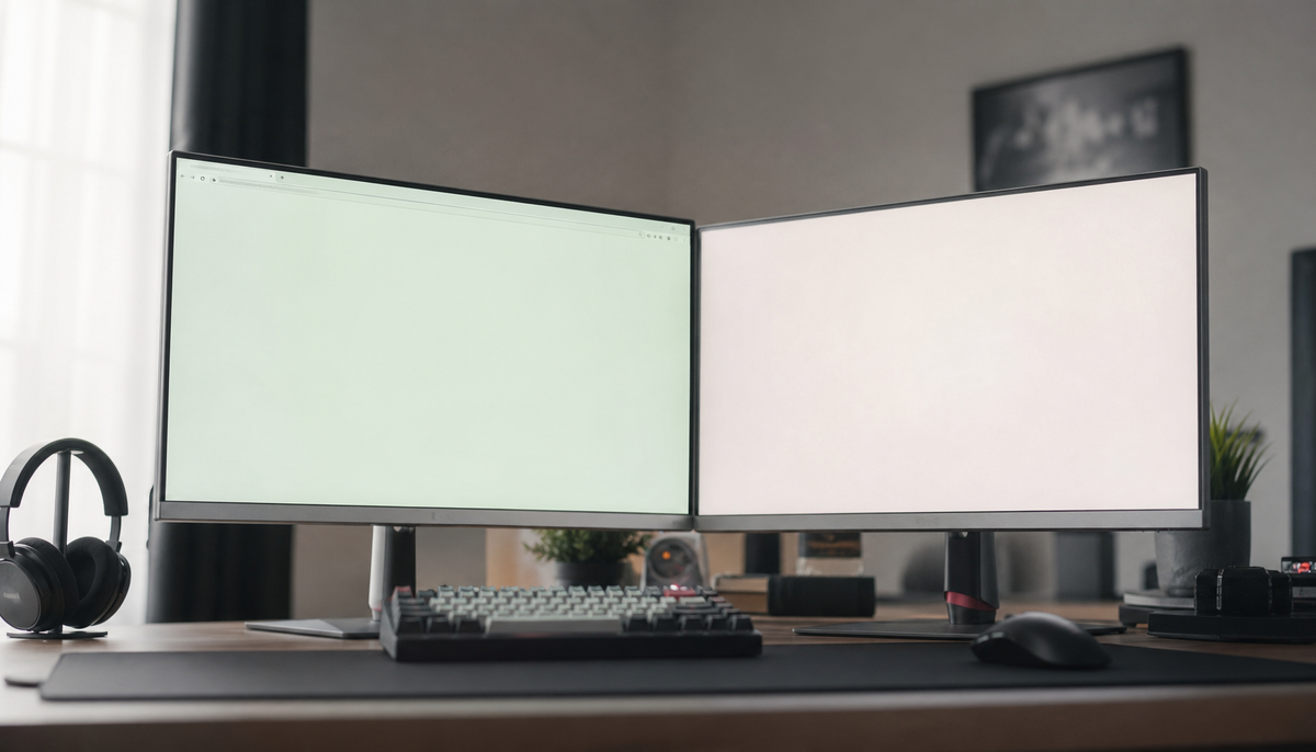 Side-by-side gaming monitors showing a green tint versus neutral white, illustrating the color difference RGB gain adjustment can fix