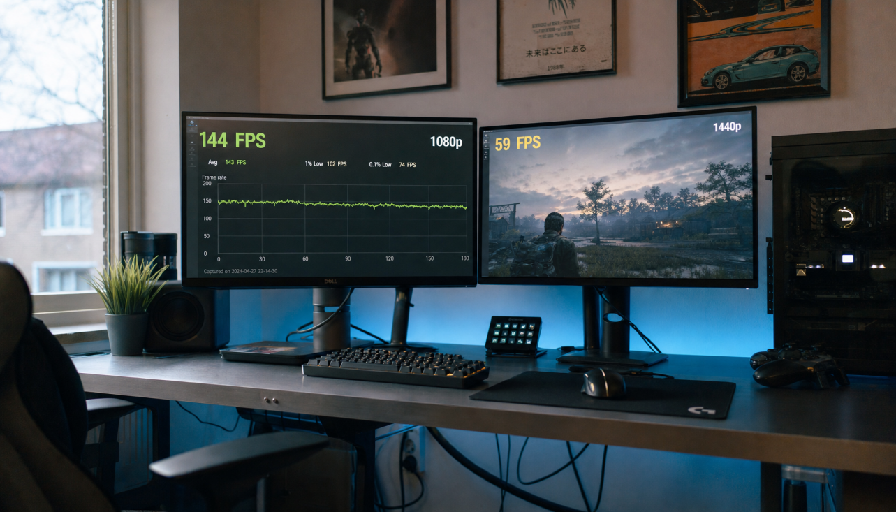 Side-by-side gaming monitors showing the frame rate difference between 1080p and 1440p resolution on the same GPU