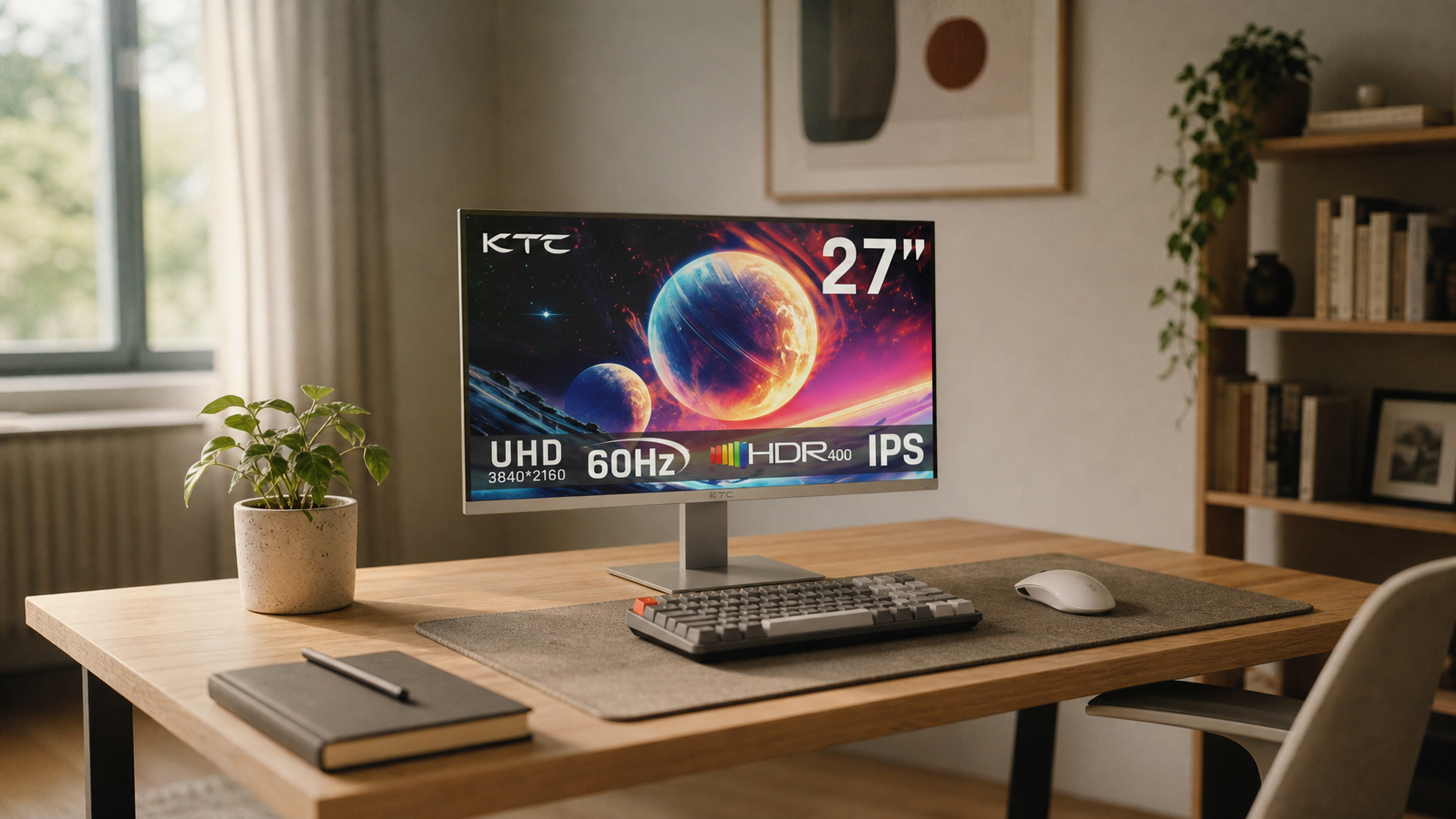 Small home office desk setup with a KTC monitor leaving ample workspace for keyboard and accessories