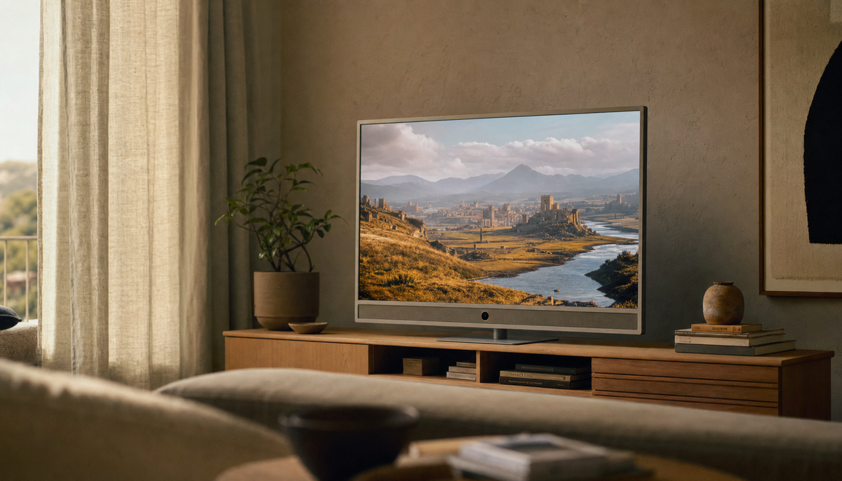 Smart display in a cozy living room setup showing a wide cinematic scene, representing virtual surround sound on stereo speakers