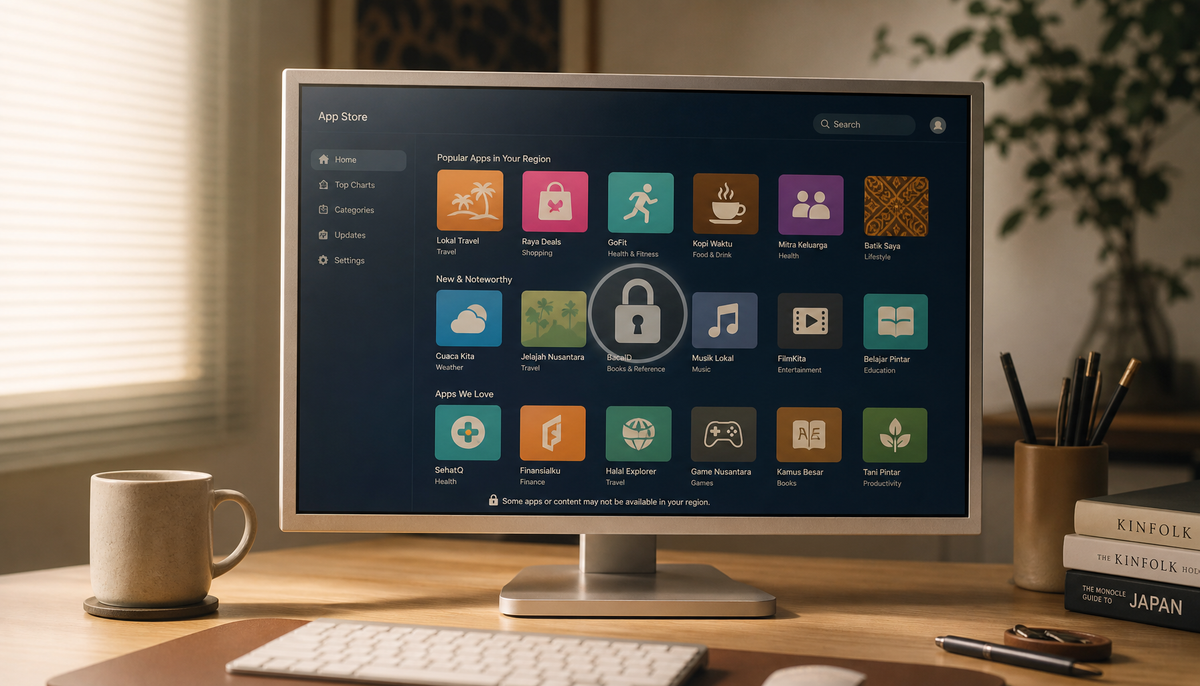 Smart monitor displaying an app store interface with regional availability restrictions