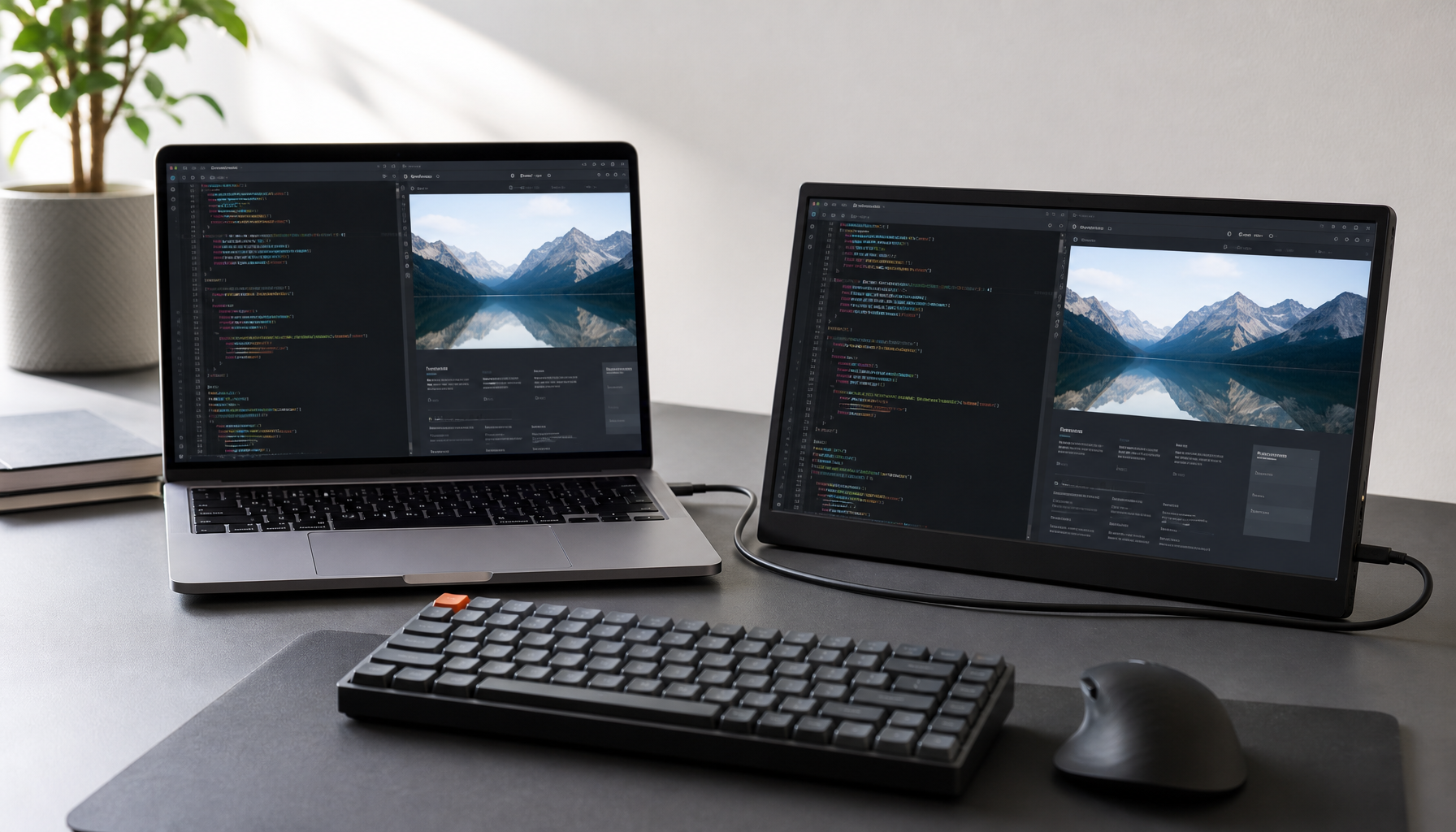 Software developer’s desk with a laptop and portable monitor side by side showing code editor and browser preview