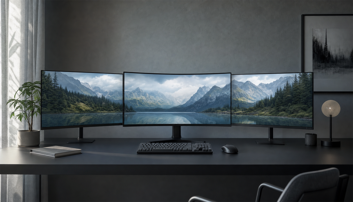 Three-monitor desk setup in Windows Extend mode showing continuous panoramic wallpaper across all displays