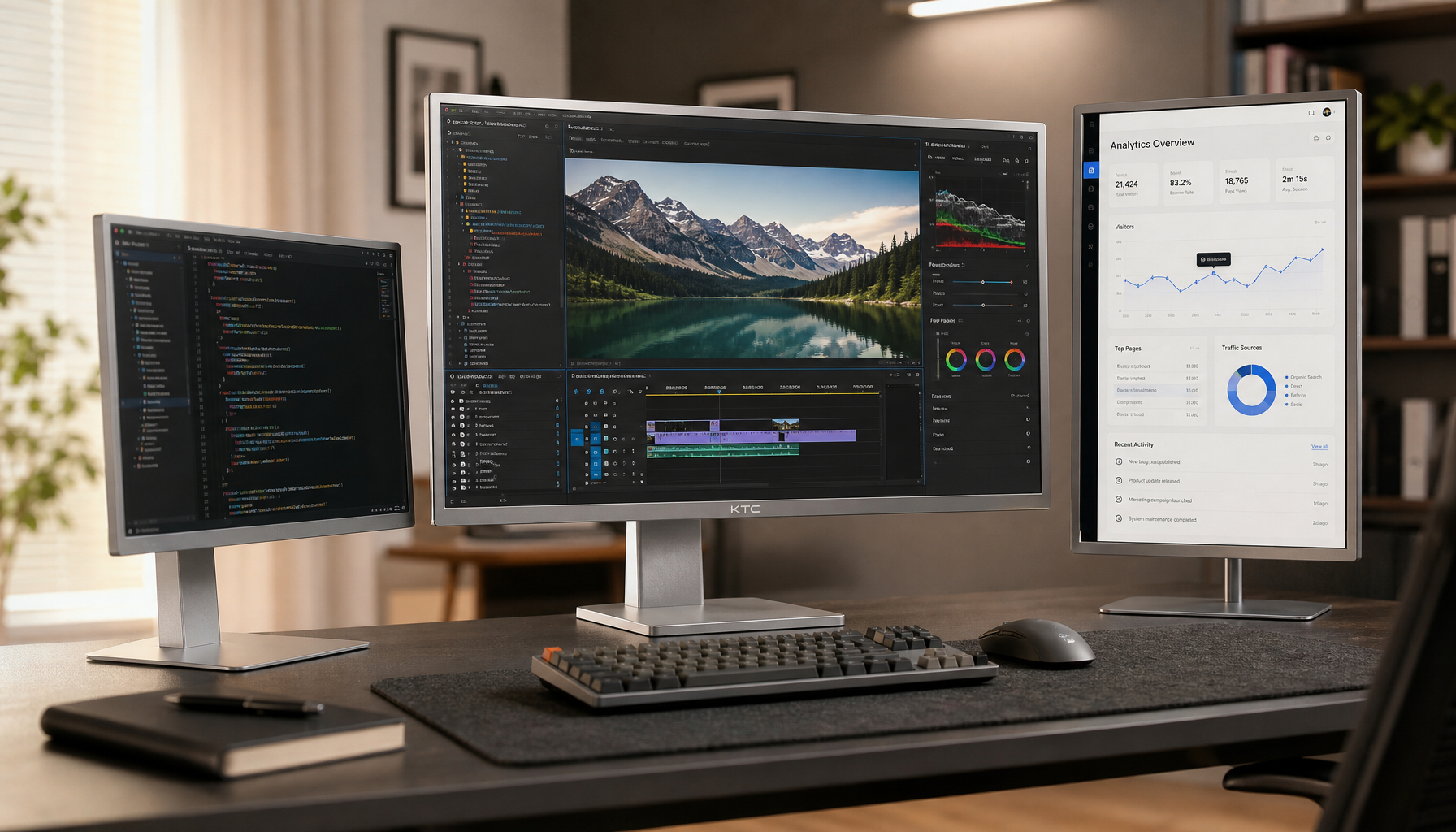 Three monitors with different resolutions arranged on a desk in a modern home office, each screen displaying content at native clarity
