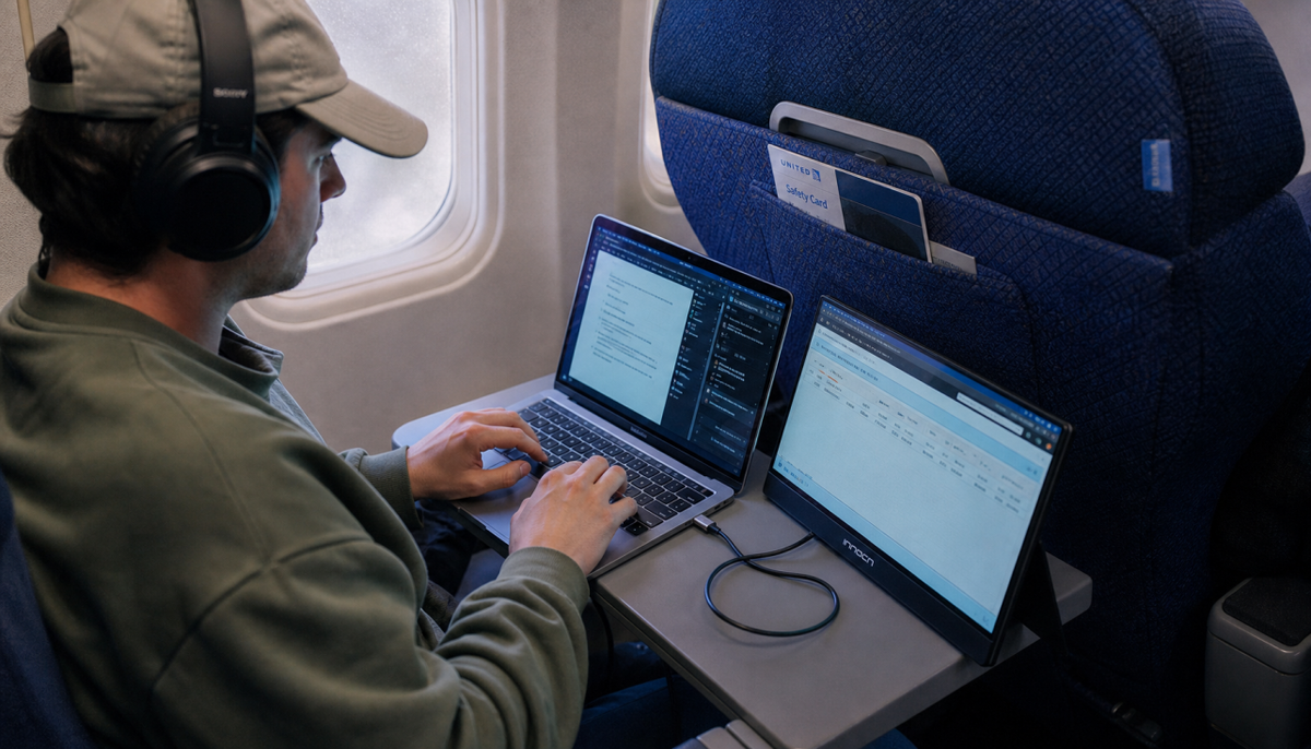 Traveler using a portable monitor on an airplane tray table next to a laptop in an economy window seat