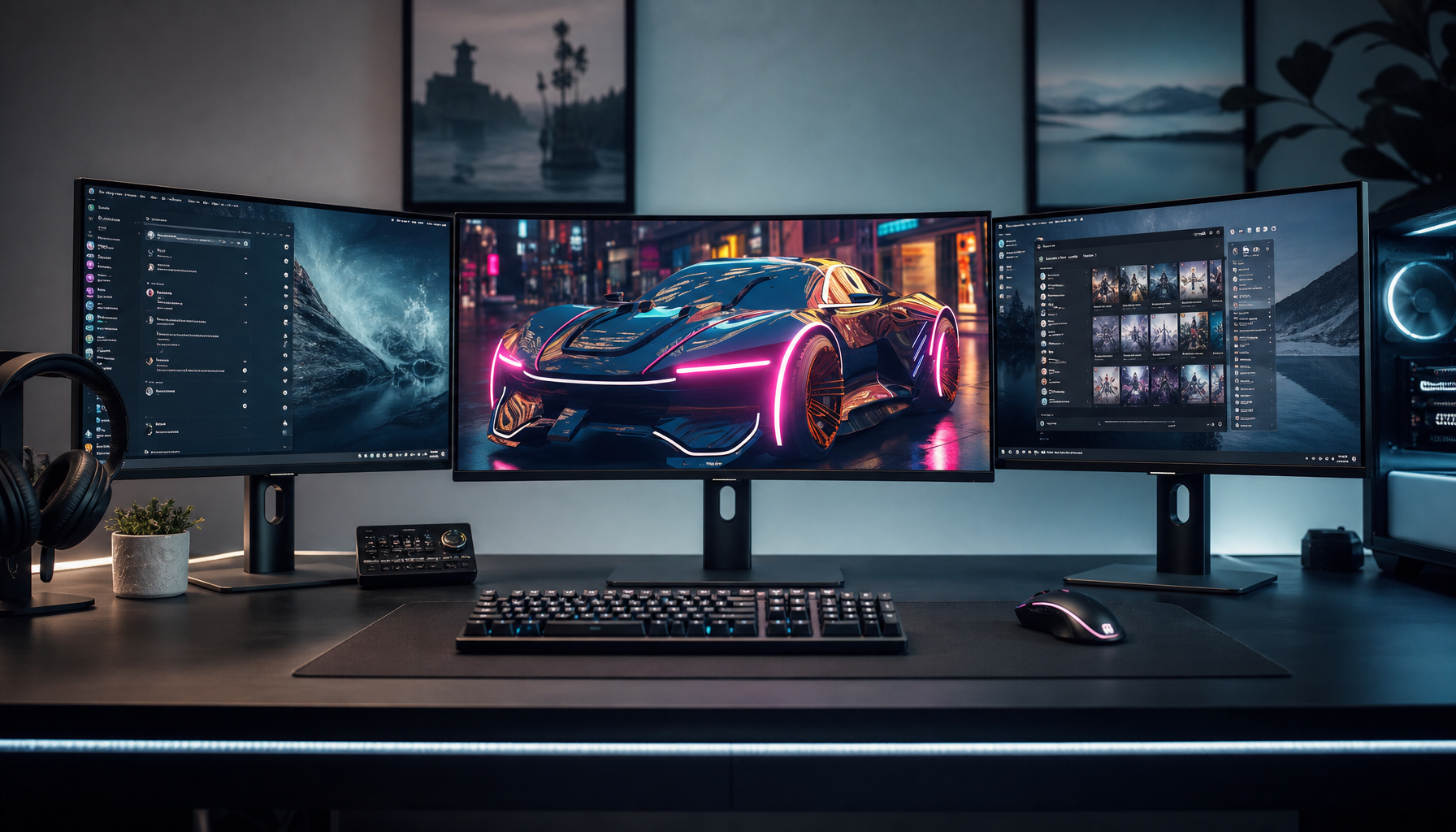 Triple monitor gaming setup with one display stuck at 60Hz while the center runs at 144Hz refresh rate
