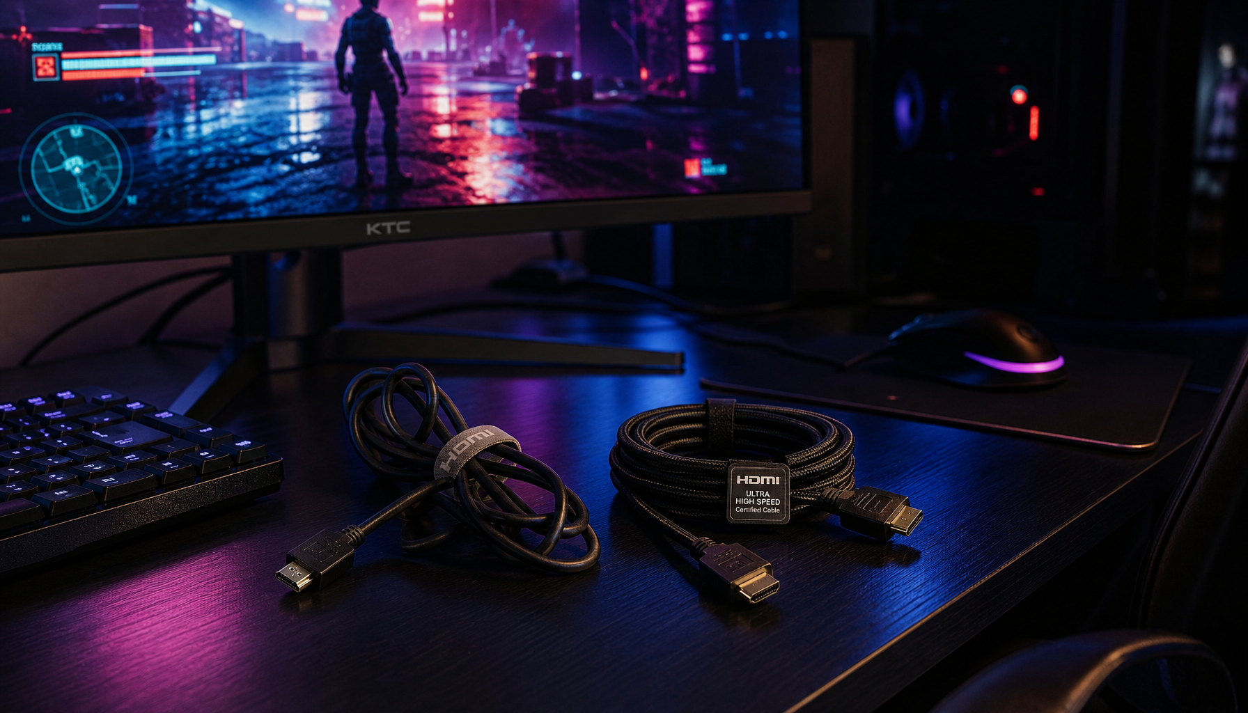 Two HDMI cables on a gaming desk — one older Premium High Speed cable and one Ultra High Speed certified cable — next to a 4K gaming monitor at night