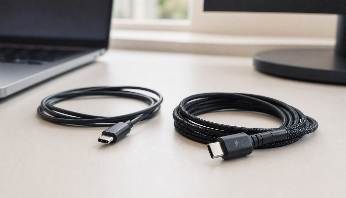 Two USB-C cables on a desk next to an open laptop, illustrating the visual difference between a charging-only cable and a DisplayPort Alt Mode cable